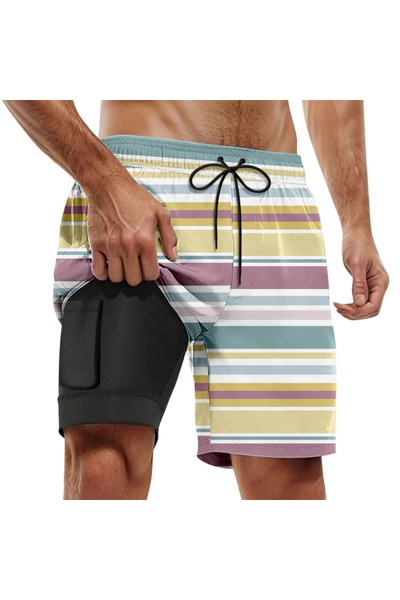Men's Striped Double Inner Layer Beach Shorts Pocketed, Comfortable for Summer Beach Wear