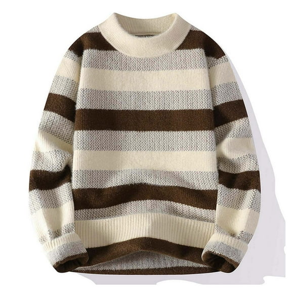 Men's Striped Elastic Knit Round Neck Warm Cozy Loose Casual Sweater