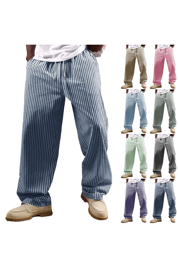 Men's Striped Elastic Waist Casual Straight Leg Pants Trousers, Drawstring Closure, Lightweight Breathable, Joggers for Running Gym Workout, Summer Essential | AESTIVO,Blue M