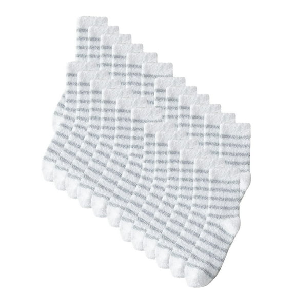 Men's Striped Fuzzy Socks 12 Pack Winter Warm Fluffy Crew Slipper Socks Soft Home Plush Sleeping Socks White