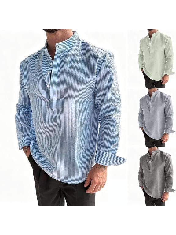 Men's Striped Half Button Up Shirts Long Sleeve Mandarin Collar Tops Elegant Casual Beach Hippie T-Shirts