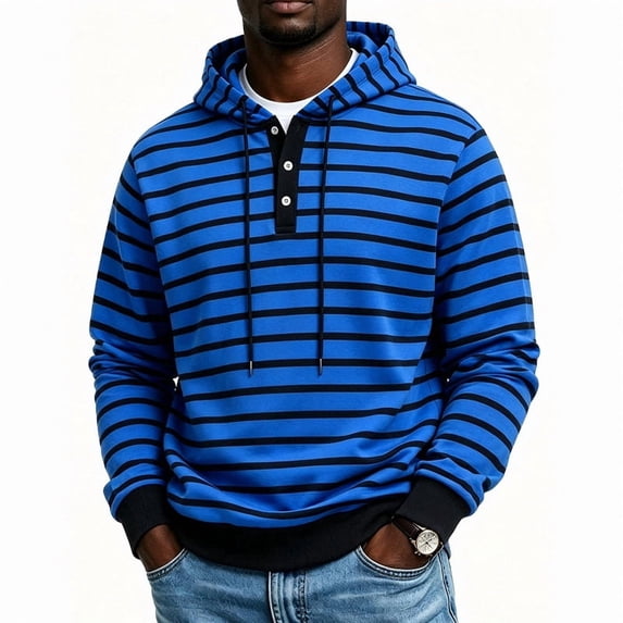 Men's Striped Henley Hoodie, Long Sleeve Button Placket Drawstring Pullover Hooded Sweatshirt