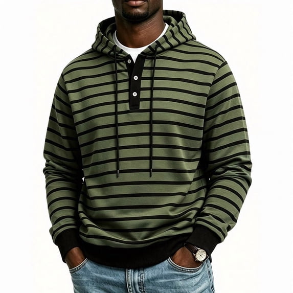 Men's Striped Henley Hoodie, Long Sleeve Button Placket Drawstring Pullover Hooded Sweatshirt