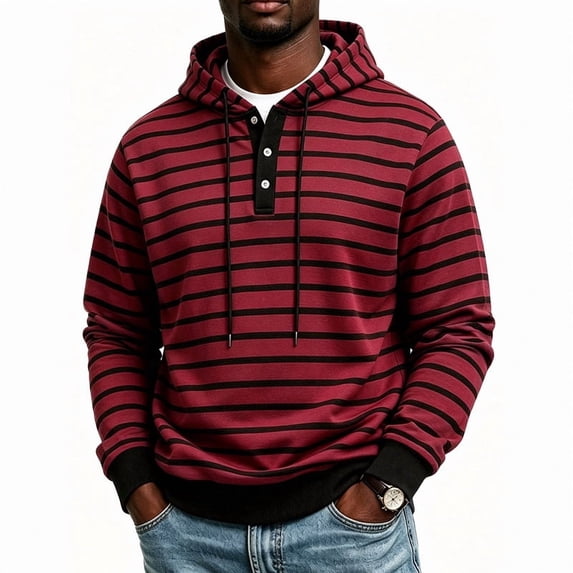 Men's Striped Henley Hoodie, Long Sleeve Button Placket Drawstring Pullover Hooded Sweatshirt