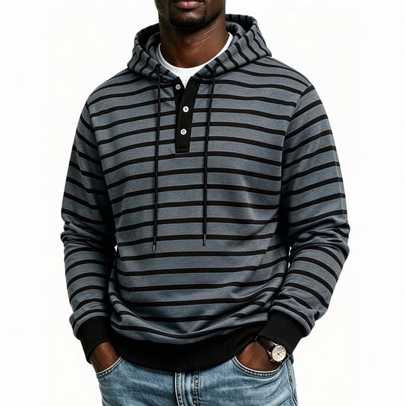 Men's Striped Henley Hoodie, Long Sleeve Button Placket Drawstring Pullover Hooded Sweatshirt