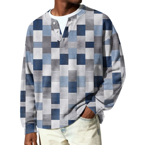 Men's Striped Henley Sweater, Long Sleeve Ribbed Knit Pullover, Cozy for Fall, Winter & Casual Weekend Style Blue L