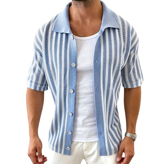 Men's Striped Hollow-Out Short Sleeve Knit Cardigan Blue L