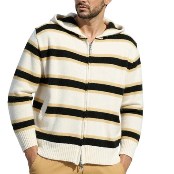 Men's Striped Hooded Zip-Up Sweater Cardigan Long Sleeve Casual Knit Jacket