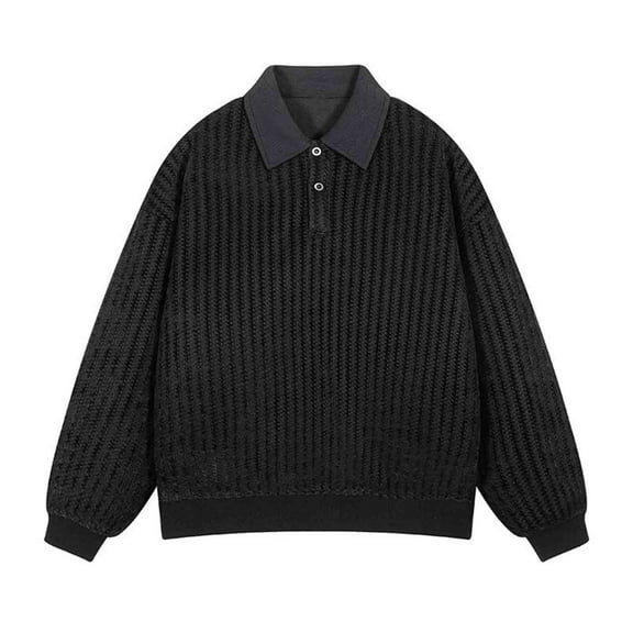 Men's Striped Jacquard Sweatshirt Patchwork Long Sleeve Turndown Collar Pullover Casual Loose Tops