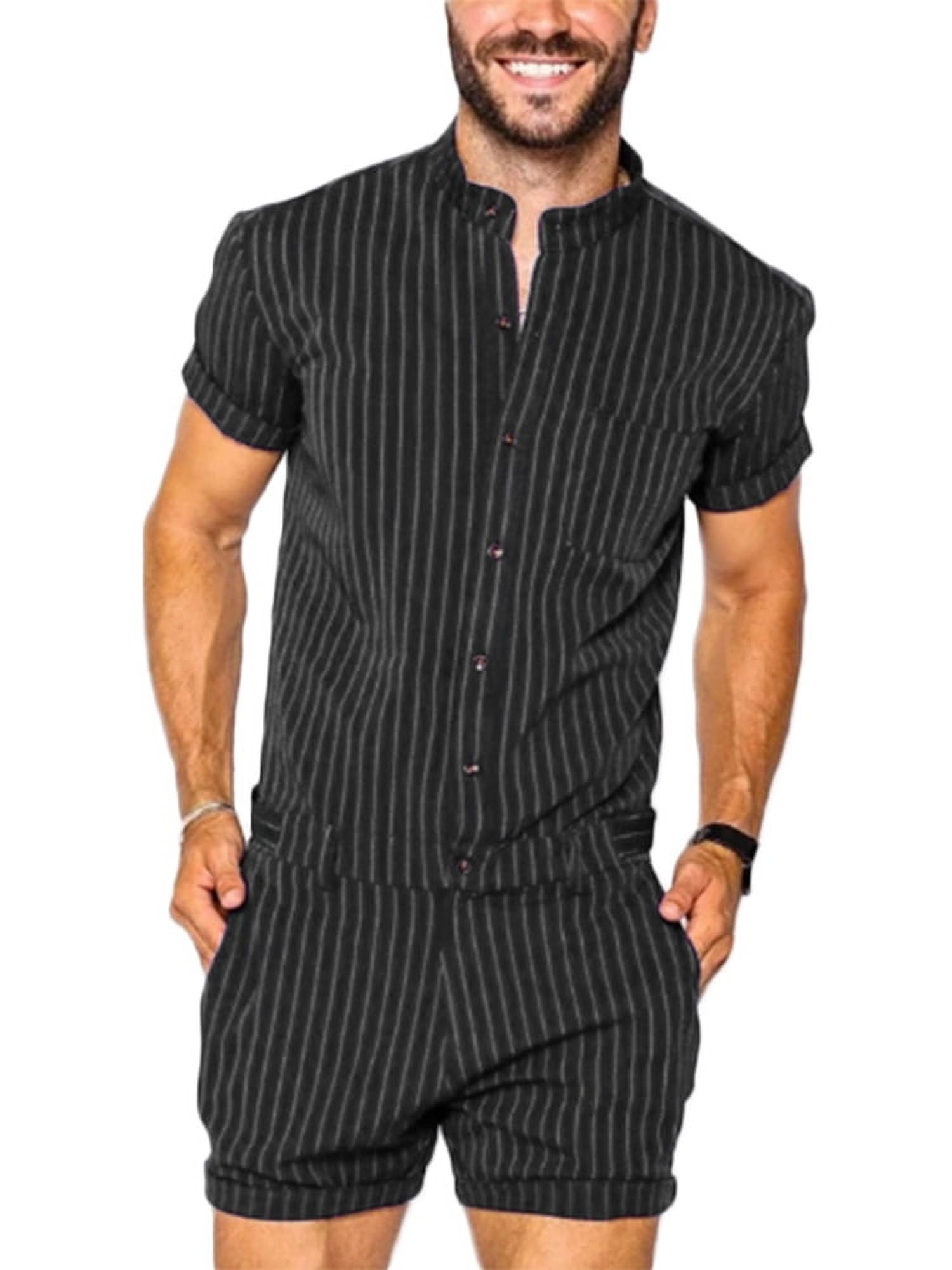 Men s Striped Jumpsuit Short Sleeve Summer Casual Rompers