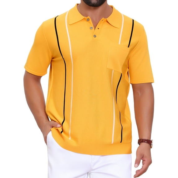 Men's Striped Knit Polo Shirt Chest Pocket Short Sleeve Vintage Golf Shirts 2XL Yellow