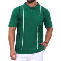 Men's Striped Knit Polo Shirt Chest Pocket Short Sleeve Vintage Golf Shirts M Green