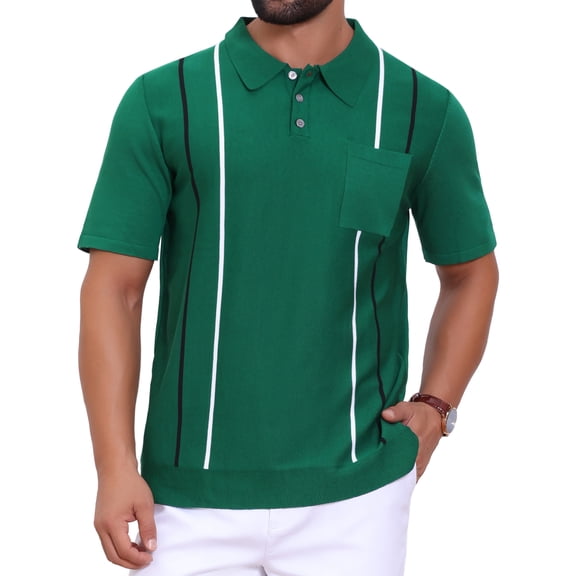 Men's Striped Knit Polo Shirt Chest Pocket Short Sleeve Vintage Golf Shirts M Green