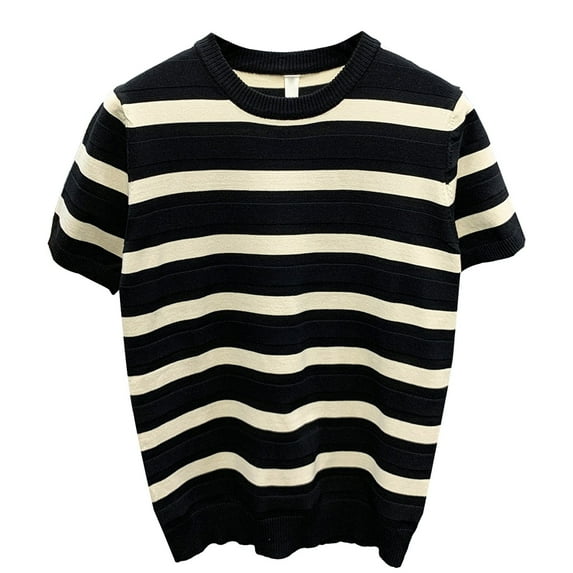 Men's Striped Knit Short Sleeve T-Shirt - Crew Neck, Comfortable, Polyester, Multiple Sizes
