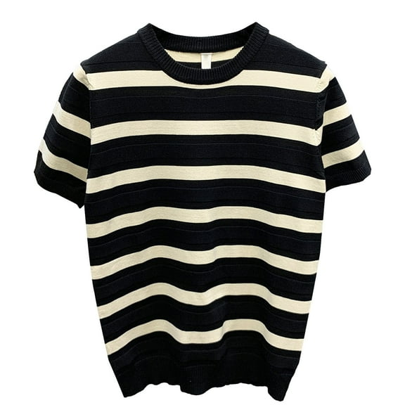 Men's Striped Knit Short Sleeve T-Shirt - Crew Neck, Comfortable, Polyester, Multiple Sizes