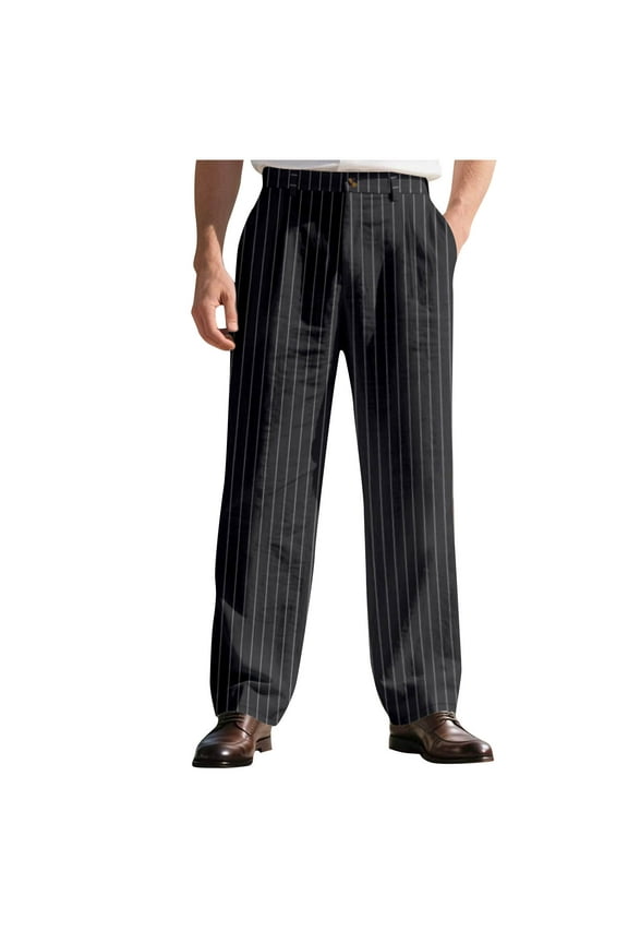 Men's Striped Linen Dress Pants, Causal Business Office Wide Leg Formal Pants Flat Front Button Pinstripe Trousers with Pockets