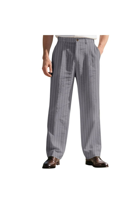 Men's Striped Linen Dress Pants, Causal Business Office Wide Leg Formal Pants Flat Front Button Pinstripe Trousers with Pockets