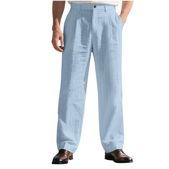 Men's Striped Linen Dress Pants, Causal Business Office Wide Leg Formal Pants Flat Front Button Pinstripe Trousers with Pockets