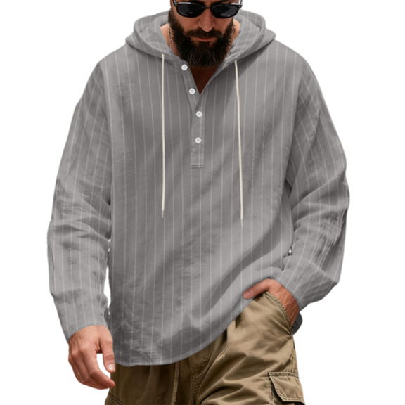 Men's Striped Linen Hoodie - Lightweight Casual Beach Long Sleeve Sweatshirt With Pockets, Gray, XL