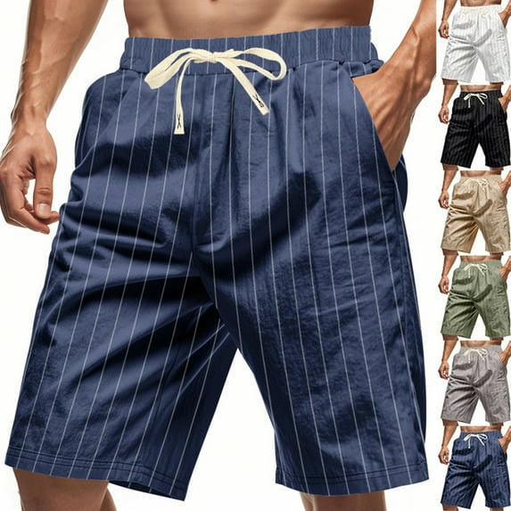 Men's Striped Linen Shorts Casual Elastic Waist Drawstring Pants Summer Lightweight Beach Shorts with Pockets, M