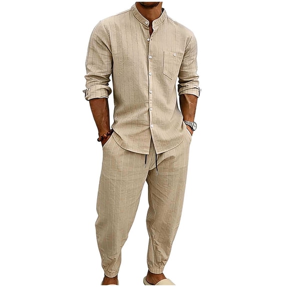 Men's Striped Long Sleeve Button Down Shirt and Drawstring Jogger Pants Set Casual Lightweight Two Piece Outfit for Daily Wear