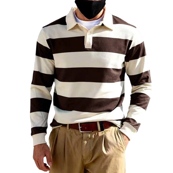Men's Striped Long Sleeve Golf Shirt, Loose Fit Lapel Collar Casual Athletic Top for Travel Commute Daily Wear Brown