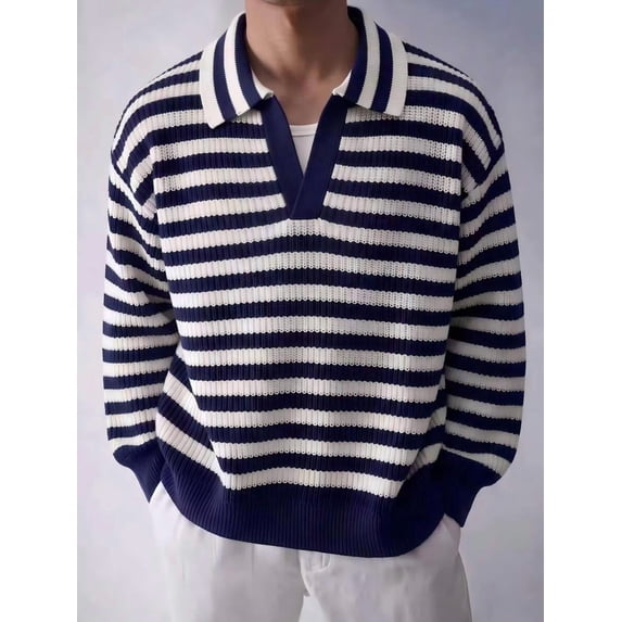 Men's Striped Long Sleeve Knit Polo Sweater, Casual Retro Pullover Top