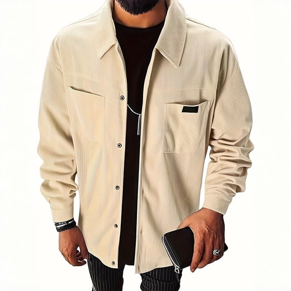 Men's Striped Loose Lightweight Long-Sleeve Versatile Corduroy Shirt Jacket, Beige, Size S