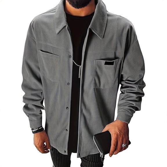 Men's Striped Loose Lightweight Long-Sleeve Versatile Corduroy Shirt Jacket, Dark Gray, Size XL