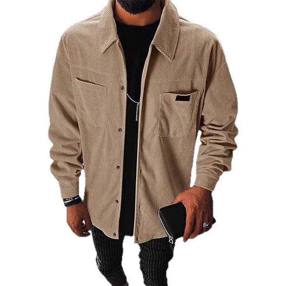 Men's Striped Loose Lightweight Long-Sleeve Versatile Corduroy Shirt Jacket, Khaki, Size XXL