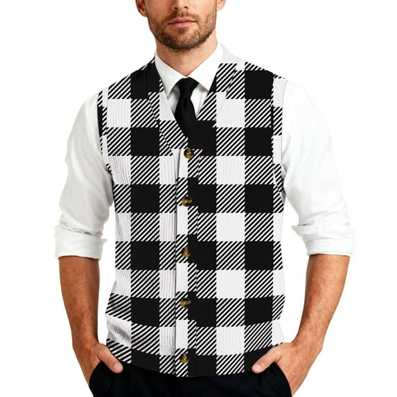 Men's Striped Plaid Print Sleeveless Knitted Button-Down Shirt Collared Casual Vest for Daily Layering Wear Black Size L