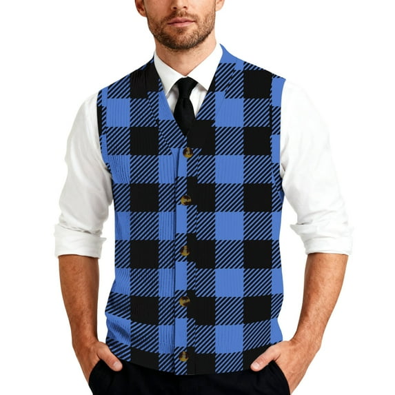 Men's Striped Plaid Print Sleeveless Knitted Button-Down Shirt Collared Casual Vest for Daily Layering Wear Blue Size XXXL