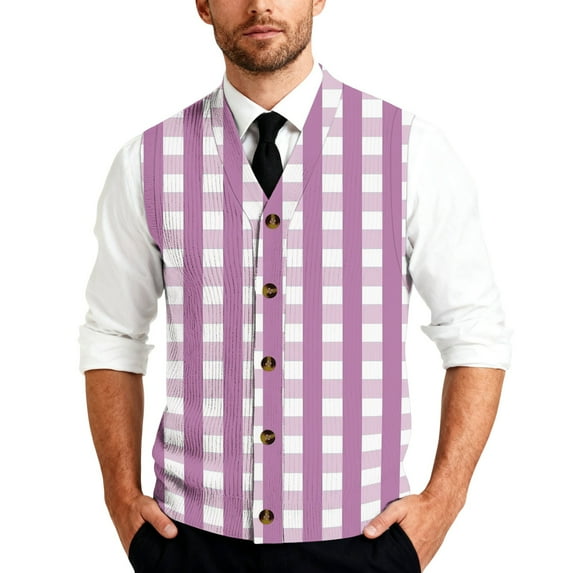 Men's Striped Plaid Print Sleeveless Knitted Button-Down Shirt Collared Casual Vest for Daily Layering Wear Purple Size M