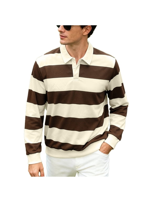 Men's Striped Polo Shirt Long Sleeve Button Down Collared Top Casual Rugby Style Tee for Daily Wear