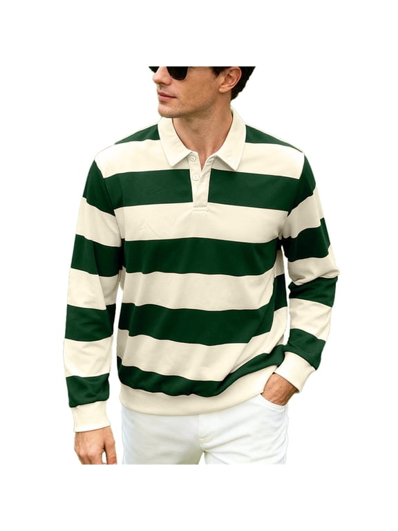 Men's Striped Polo Shirt Long Sleeve Button Down Collared Top Casual Rugby Style Tee for Daily Wear