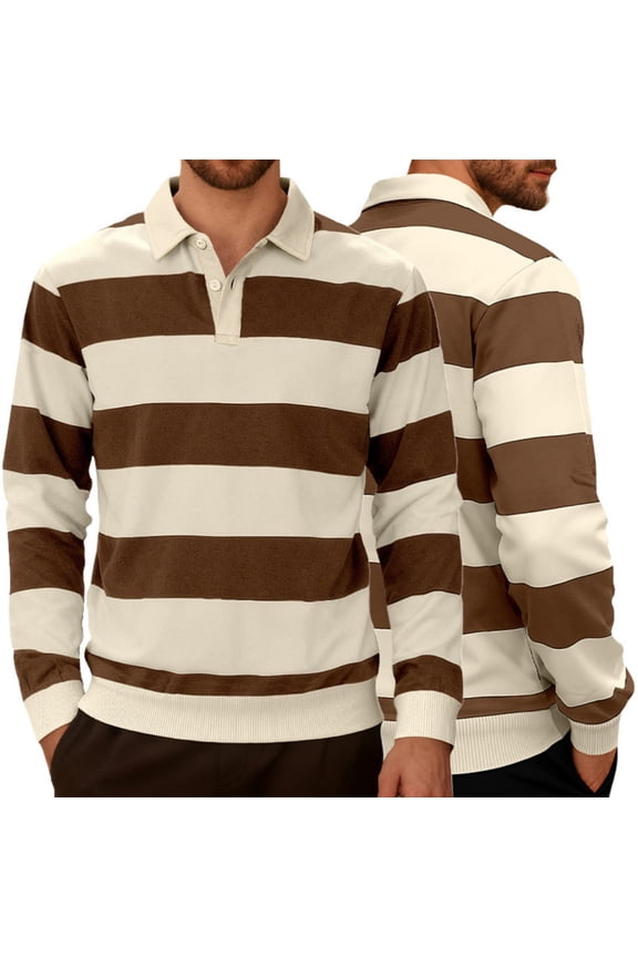 Men's Striped Print Long Sleeve Collared Preppy Shirts Lightweight Button Front Tops Fall, Brown M