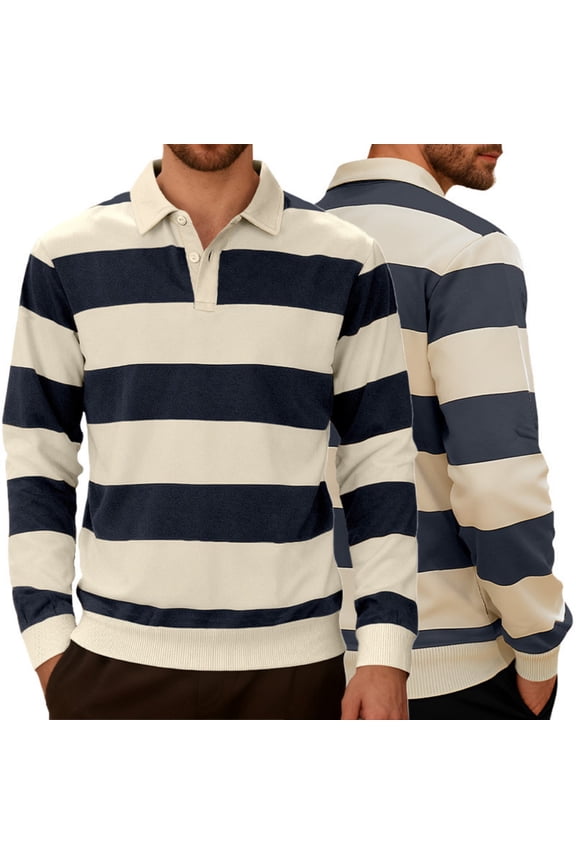 Men's Striped Print Long Sleeve Collared Preppy Shirts Lightweight Button Front Tops Fall, Navy M