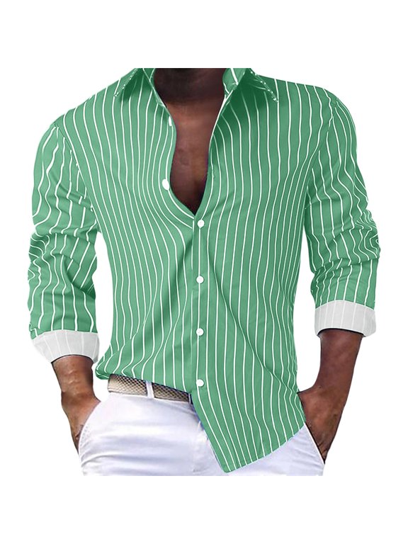 Men's Striped Printed Long Sleeve Dress Shirts Regular Fit Button Down Casual Shirt, Adjustable Button Cuffs, 4 Way Stretch Lightweight Shirt for Business Office Daily Wear