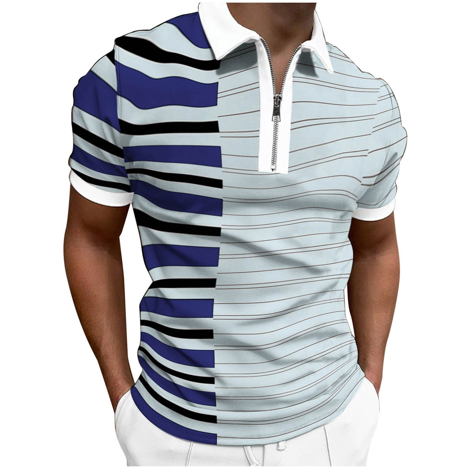 Men s Striped Printed Polo Shirts Short Sleeve Slim Fit Fashion Business Zipper Tops Turn Down Collar T Shirts Dress Shirt Walmart