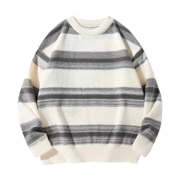 Men's Striped Pullover Sweater Trendy Crewneck Long Sleeve Sweatshirts Slim Fit Casual Loose Fit Comfy Jumper Tops (2XL, Beige)
