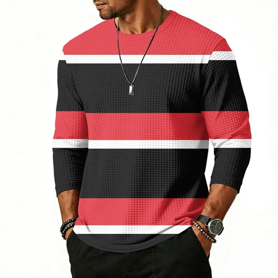 Men's Striped Raglan Sleeve Three-Quarter Sleeve Top, Casual Round Neck Shirt for Spring and Summer Outfits,Red,L