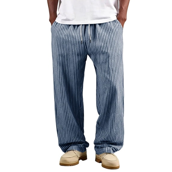 Men's Striped Relaxed Trousers, Drawstring Elastic Waist Pants, Lightweight Summer Casual Bottoms