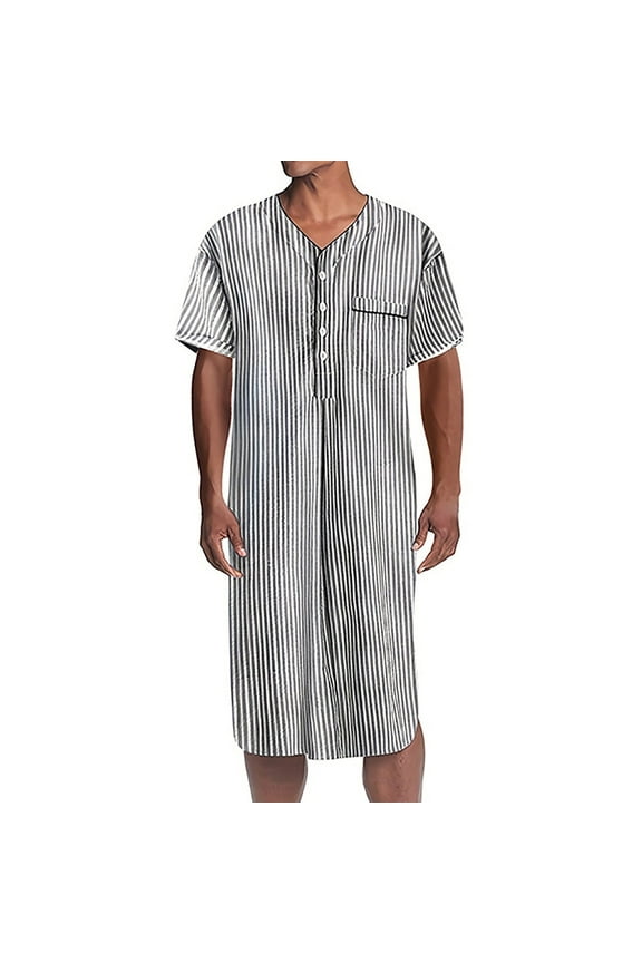 Men's Striped Robe Cotton Nightshirt V Neck Short Sleeve Button Down Nightgown Summer Mid-Length Henley Sleepwear Sleepshirt with Pockets Gray