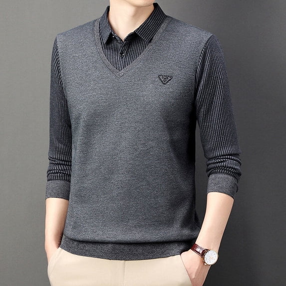 Men's Striped Shirt Collar Fake Two Piece Casual Long Sleeve Deer Head Print