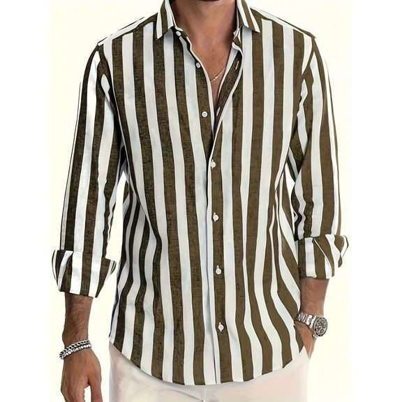 Men's Striped Shirts Casual Button Down Long Sleeve Blouse for Men Fall Winter Brown XL