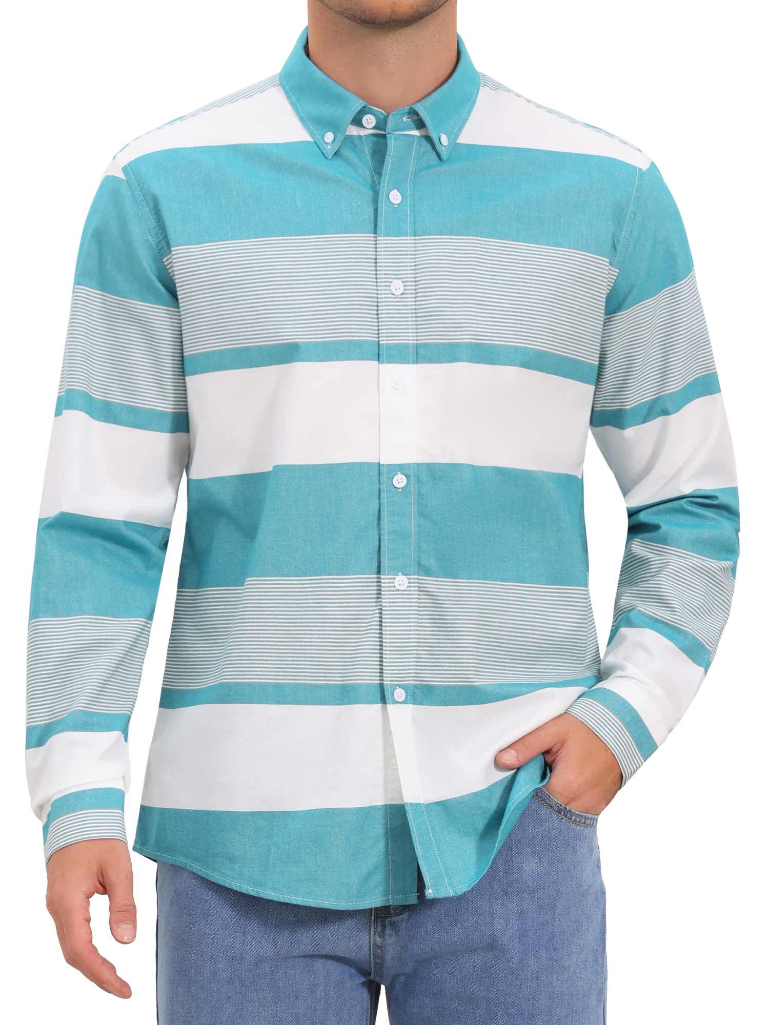 INSPIRE CHIC Men's Striped Button Down Shirt Long Sleeve Cotton Regular Fit Casual Top L Light Blue