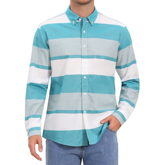 INSPIRE CHIC Men's Striped Button Down Shirt Long Sleeve Cotton Regular Fit Casual Top XL Light Blue