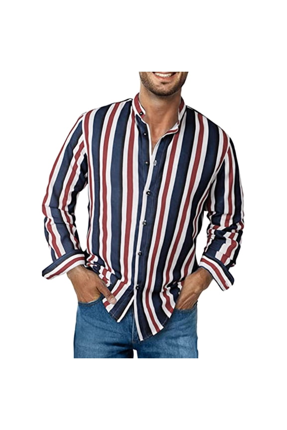 Men's Striped Shirts Long Sleeve Button Down Lapel Collar Casual Tops Spring Fall Fashion Loose Business Work Blouses
