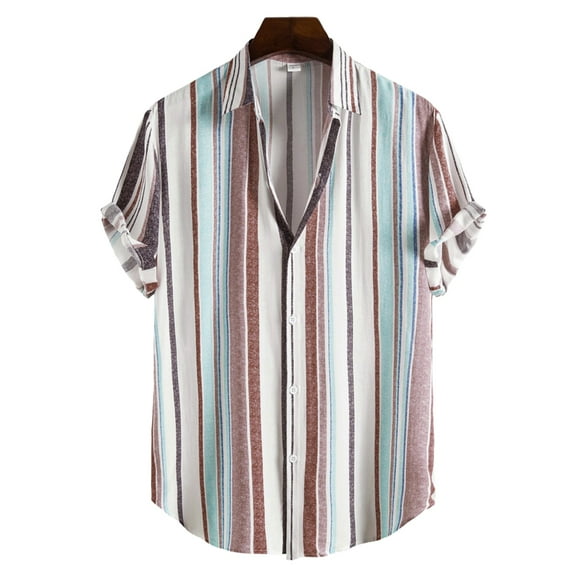Men's Striped Short Sleeve Regular Fit Poplin Button Down Shirts