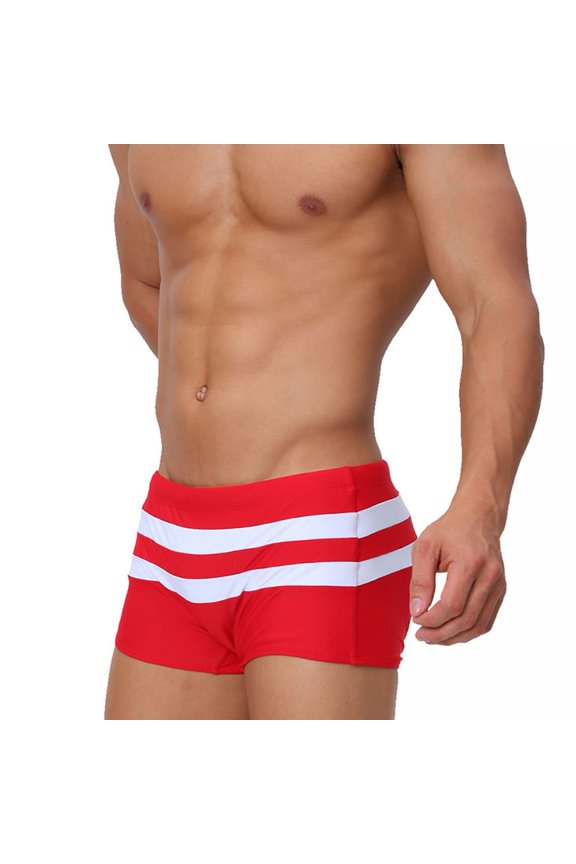 Men's Striped Splicing Boxer Swim Trunks with Back Zipper Pocket Summer Thick, Red, XL